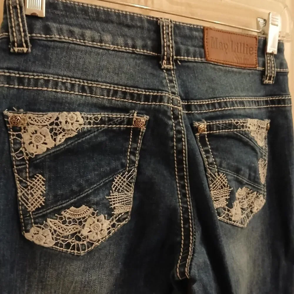 May Lillie bootcut jeans thick white stitch crochet lace embellished pockets 12y - Picture 4 of 7